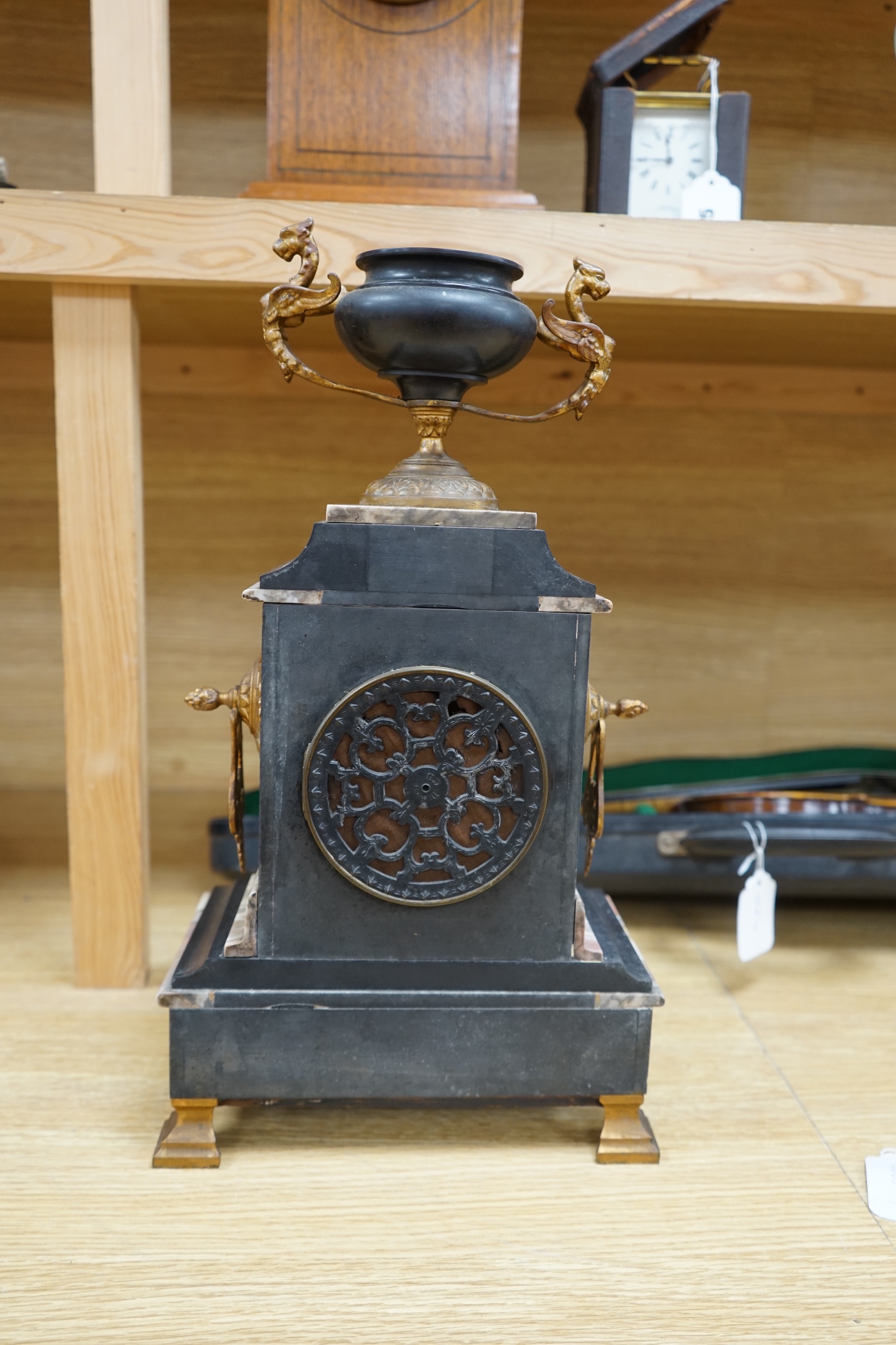 An early 20th century gilt metal and marble clock, no key or pendulum, 44cm. Condition - fair to good, not tested